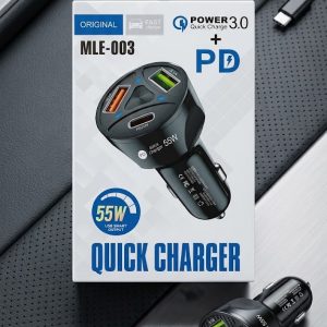 MLE-003 55W Fast Car Charger – QC3.0 + PD 20W Triple Port Adapter